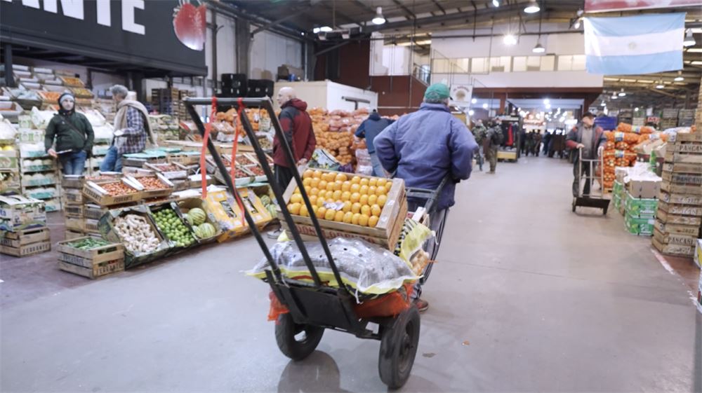 Changador llevando mercadería en carro por el mercado frutihortícola